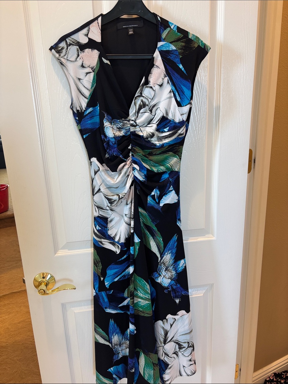 White House Black Market Black Floral Ruched V-Neck Maxi Dress
